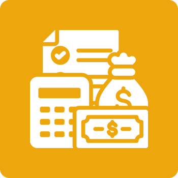 Financial icons including calculator, money bag, and currency notes on orange background.