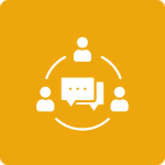 Icon of three people connected with a chat bubble in the center on an orange background.