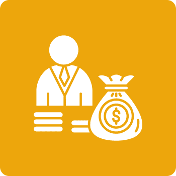 Icon of a businessman with money and a dollar bag on an orange background.