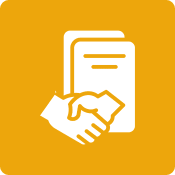Icon of a handshake over documents on an orange background.