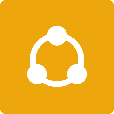 A white icon of three interconnected circles on an orange background.