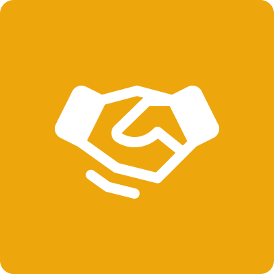 White handshake icon on an orange background symbolizing agreement.